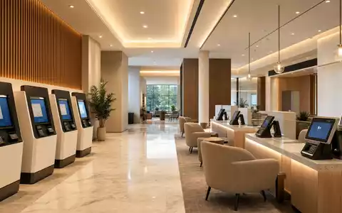 Discover Financial US2547091080 modernes Bankgebäude mit digitalen Zahlungsterminals Kreditkartenkiosken und warmer Atmosphäre - Foto: THN