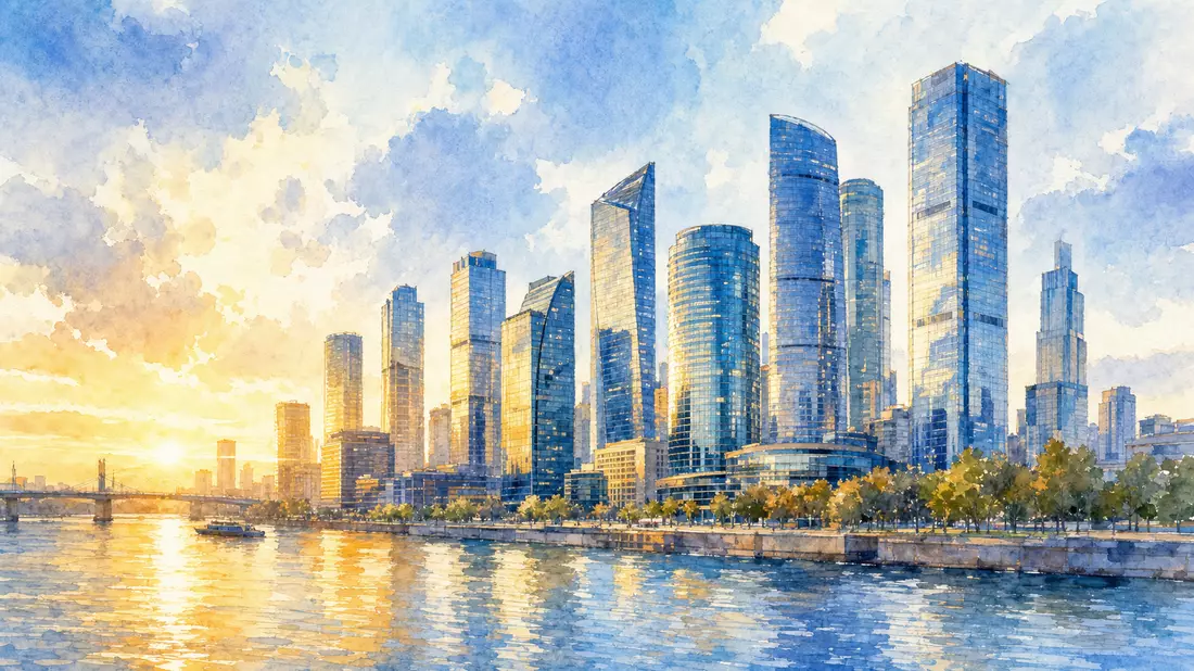 Aquarellbild eines modernen Finanzviertels mit Glastürmen am Wasser