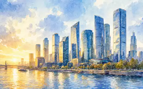 Discover Financial US2547091080 Aquarell-Stadtpanorama mit modernem Finanzviertel hohen Glastürmen goldenem Licht und Wasser - Foto: THN