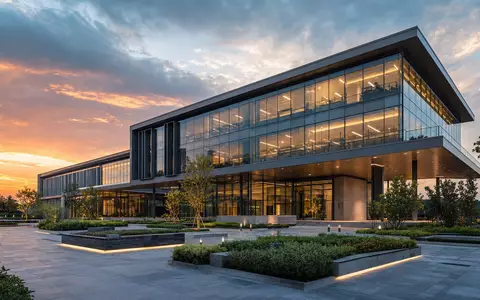 Discover Financial US2547091080 fotorealistischer 3D-Render einer modernen Konzernzentrale mit Glasfassade bei dramatischer Dämmerung - Foto: THN