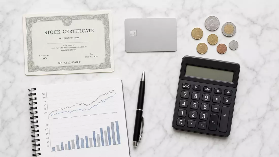 Flatlay-Arrangement mit Aktienzertifikat, Kreditkarte und Finanzobjekten auf Marmor