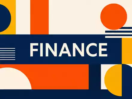 Discover Financial US2547091080 Bauhaus-Poster mit geometrischen Formen FINANCE-Schriftzug in Navy-Blau und Orange - Foto: THN