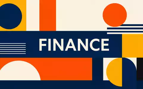 Discover Financial US2547091080 Bauhaus-Poster mit geometrischen Formen FINANCE-Schriftzug in Navy-Blau und Orange - Foto: THN