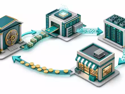 Discover Financial US2547091080 isometrisches 3D-Diagramm der Konsumfinanz-Wertschöpfungskette mit Bank Zahlungsabwicklung und Einzelhandel - Foto: THN
