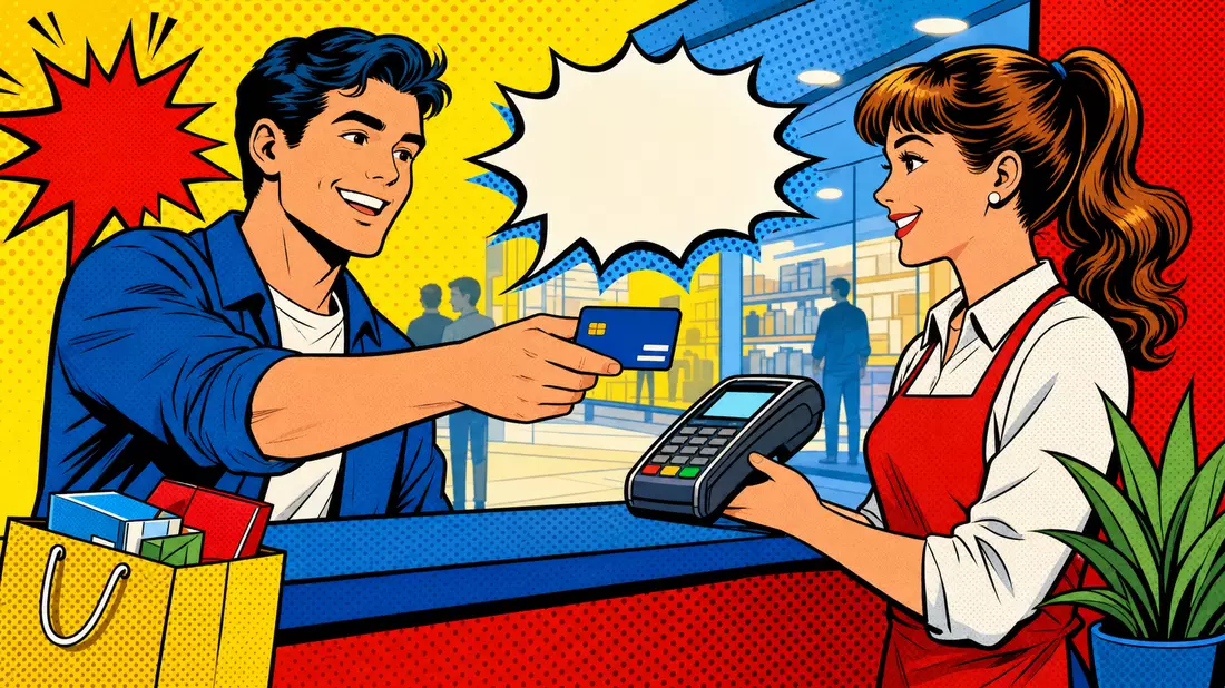 Retro-Comic-Illustration einer Kartenzahlung mit Halbton-Punkten und kräftigen Farben