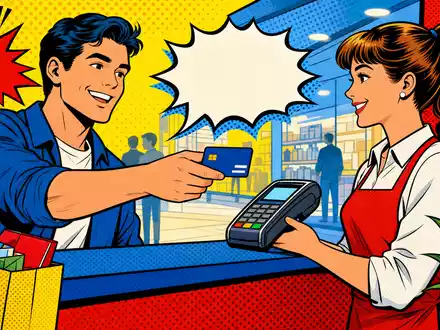 Discover Financial US2547091080 Pop-Art-Comic farbenfrohe Retro-Szene einer Kartenzahlung an der Ladenkasse mit Halbtonpunkten - Foto: THN
