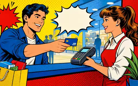 Discover Financial US2547091080 Pop-Art-Comic farbenfrohe Retro-Szene einer Kartenzahlung an der Ladenkasse mit Halbtonpunkten - Foto: THN
