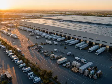 DHL Group (Deutsche Post) zeigt großes Logistikzentrum aus der Luft, ISIN DE0005552004, DAX - Foto: THN