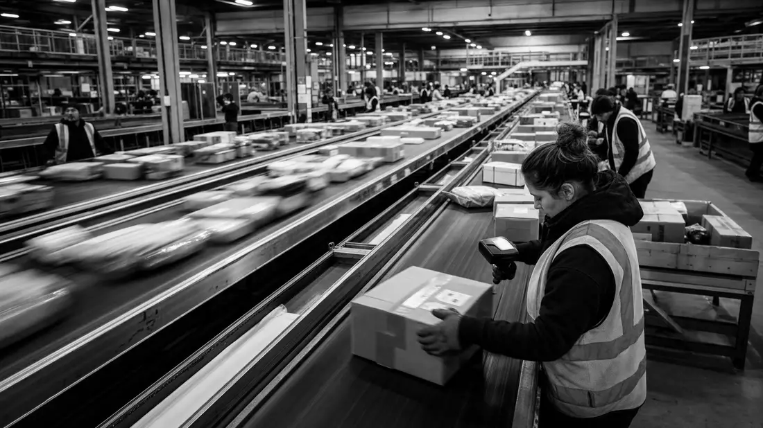 Schwarzweiß-Reportagefoto von Arbeitern an Paketförderbändern in einer Logistikanlage