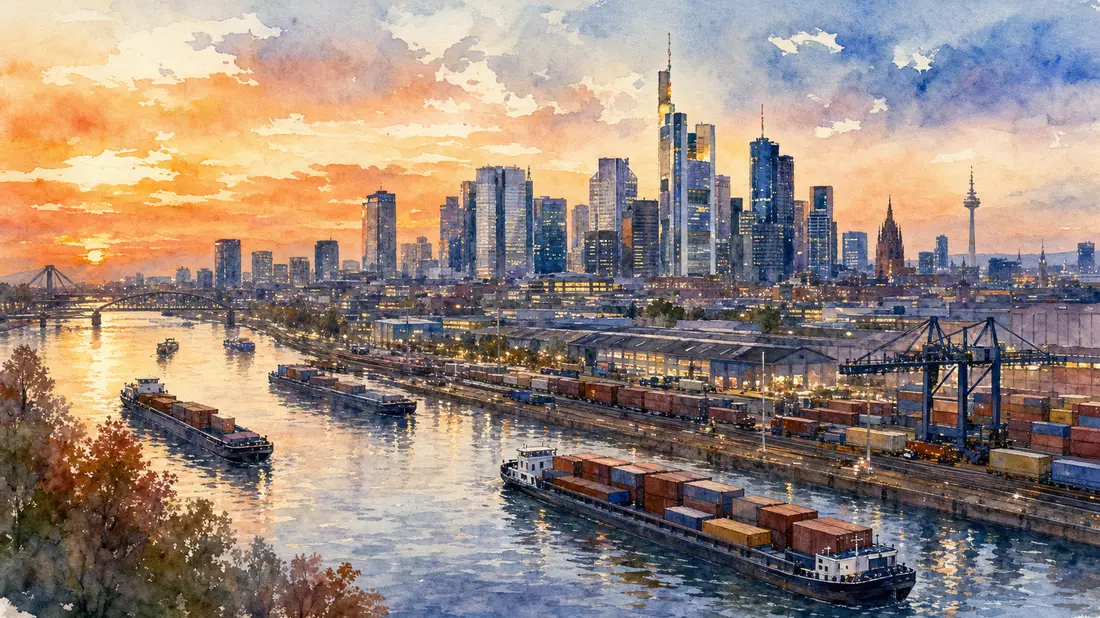 Aquarellmalerei der Frankfurter Skyline bei Sonnenuntergang mit Frachthafen und Containerschiffen