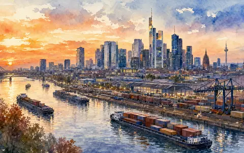 DHL Group (Deutsche Post) Frankfurter Skyline und Frachthafen als Aquarell, ISIN DE0005552004 - Foto: THN