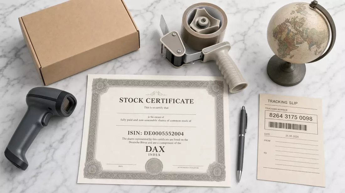 Draufsicht-Flatlay mit Aktienzertifikat ISIN DE0005552004, DAX, Versandbox und Barcode-Scanner