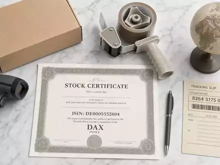 DHL Group (Deutsche Post) Flatlay mit Aktienzertifikat ISIN DE0005552004 und DAX Logistik-Utensilien - Foto: THN