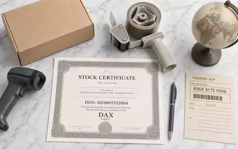 DHL Group (Deutsche Post) Flatlay mit Aktienzertifikat ISIN DE0005552004 und DAX Logistik-Utensilien - Foto: THN