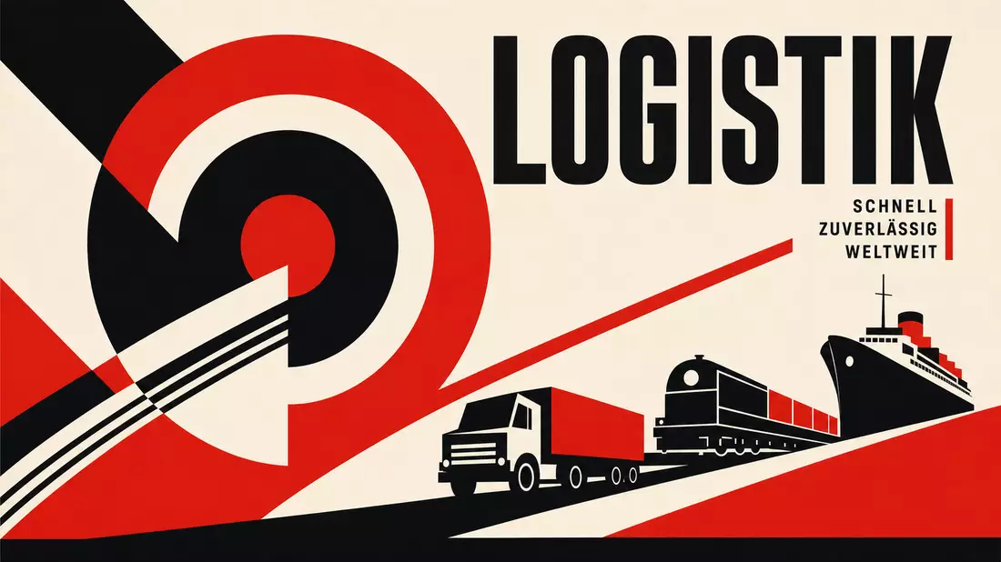 Bauhaus-Konstruktivismus-Poster mit LOGISTIK-Schriftzug, geometrischen Formen und Transportmotiven