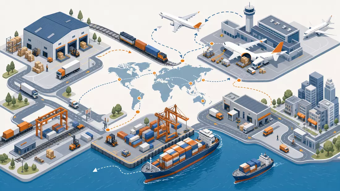 Isometrische 3D-Illustration der globalen Logistik-Lieferkette mit Lager, Flughafen und Hafen