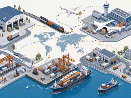 DHL Group (Deutsche Post) isometrische Darstellung der globalen Logistik-Lieferkette, DAX ISIN DE0005552004 - Foto: THN