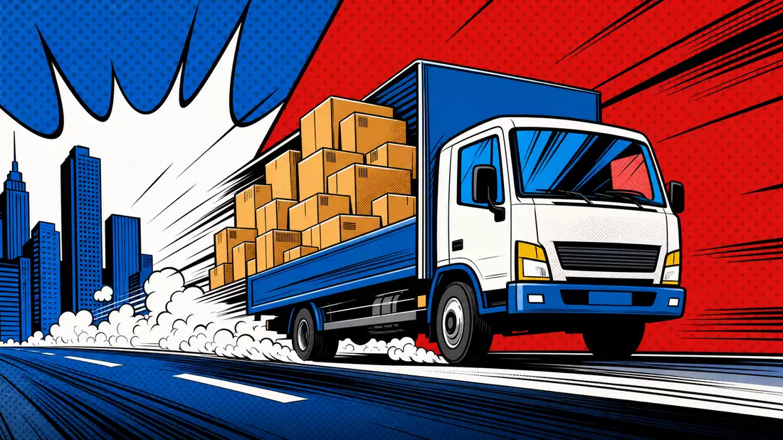 Pop-Art-Comic-Illustration eines rasenden Lieferwagens mit Paketen im Lichtenstein-Halbtonrasterstil