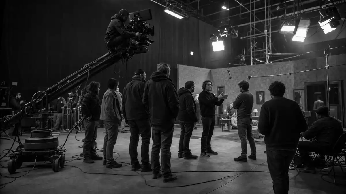 Schwarz-weiß Reportage einer Filmcrew auf einem Studiodrehset