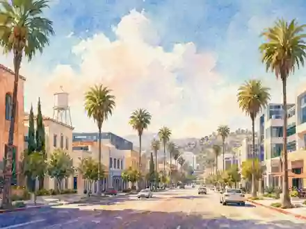 Disney (Walt) Co. US2546871060 Aquarell-Stadtbild eines sonnigen kalifornischen Unterhaltungsviertels mit Palmen und Studios - Foto: THN