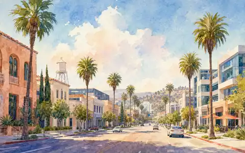 Disney (Walt) Co. US2546871060 Aquarell-Stadtbild eines sonnigen kalifornischen Unterhaltungsviertels mit Palmen und Studios - Foto: THN