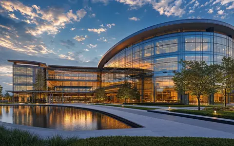 Disney (Walt) Co. US2546871060 moderner Architektur-Render eines Medienunternehmens mit geschwungener Glasfassade und Spiegelteich - Foto: THN