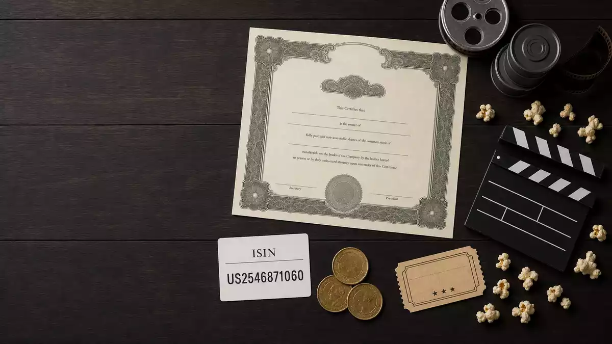 Flatlay mit Aktienzertifikat, ISIN-Karte US2546871060, Filmrolle und Filmklappe