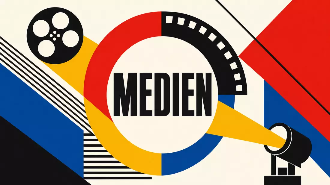 Bauhaus-Poster mit Filmrolle, Scheinwerfer und Sektor-Text MEDIEN in Primärfarben