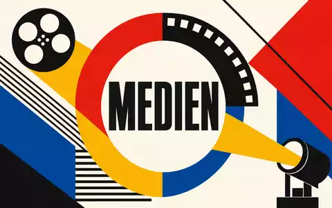 Disney (Walt) Co. US2546871060 Bauhaus-Poster mit geometrischen Formen Filmrolle und Sektor-Text MEDIEN in Primärfarben - Foto: THN