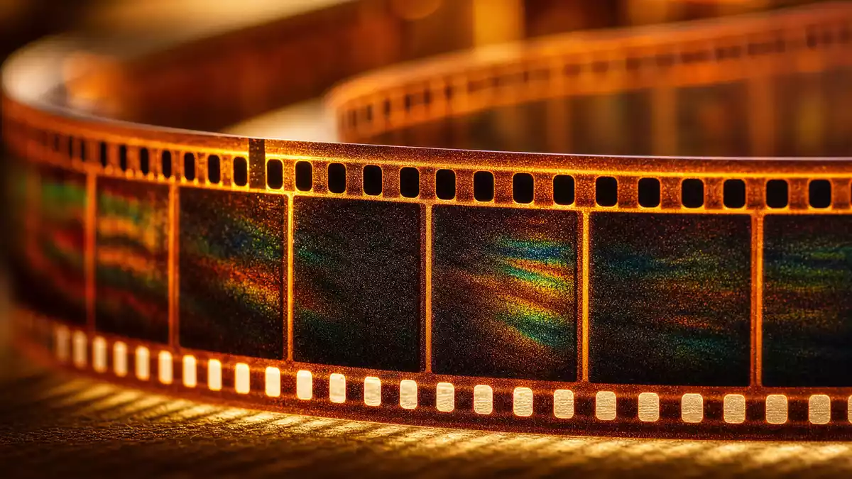 Extreme Makroaufnahme eines 35-mm-Filmstreifens mit Lichtbrechung und goldenen Tönen