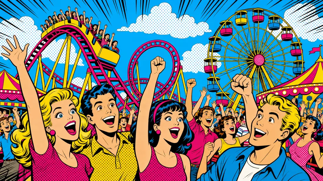 Pop-Art-Comic eines bunten Freizeitparks mit Achterbahn, Riesenrad und jubelnder Menge