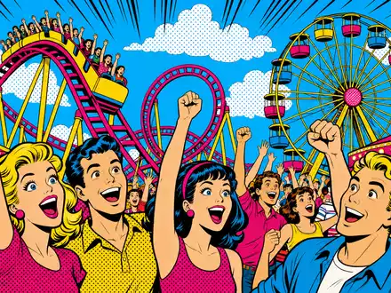 Disney (Walt) Co. US2546871060 Pop-Art-Comic eines farbenfrohen generischen Freizeitparks mit Achterbahn und jubelnder Menge - Foto: THN