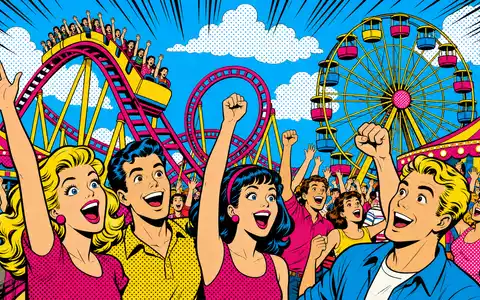 Disney (Walt) Co. US2546871060 Pop-Art-Comic eines farbenfrohen generischen Freizeitparks mit Achterbahn und jubelnder Menge - Foto: THN