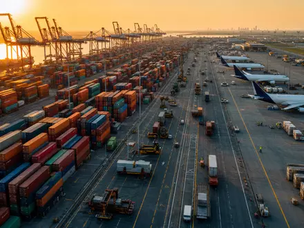 Expeditors International US3021301094 – Luftaufnahme eines internationalen Frachtlogistik-Hubs bei Sonnenuntergang mit Containern und Frachtflugzeug - Foto: THN