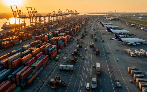 Expeditors International US3021301094 – Luftaufnahme eines internationalen Frachtlogistik-Hubs bei Sonnenuntergang mit Containern und Frachtflugzeug - Foto: THN