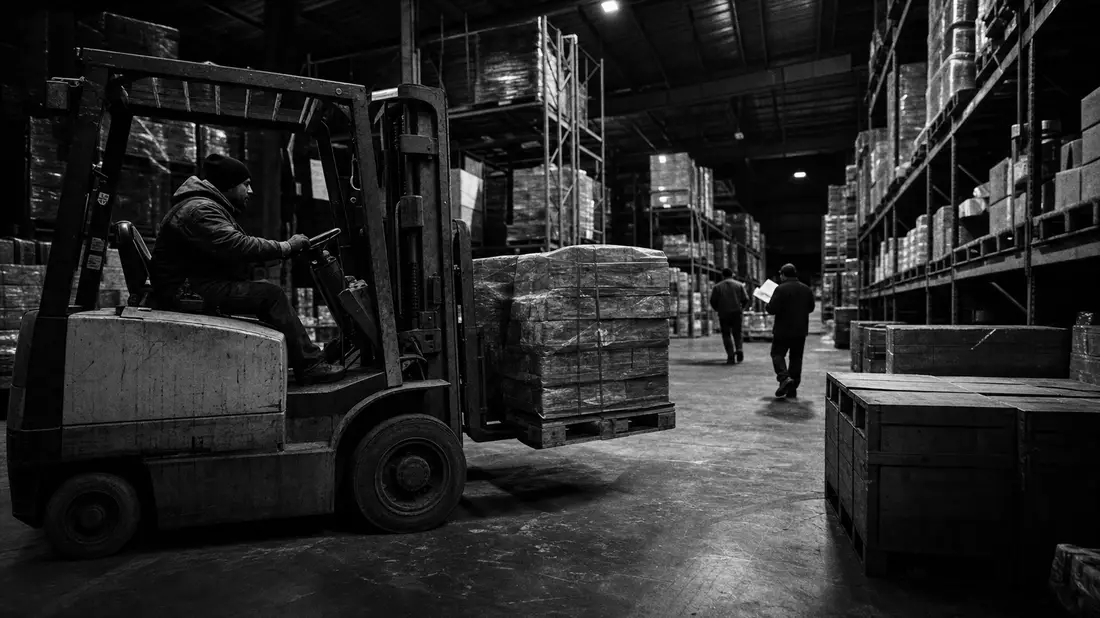 Schwarzweiß-Reportagefoto eines Gabelstaplers mit Paletten in einem dunklen Industrielager