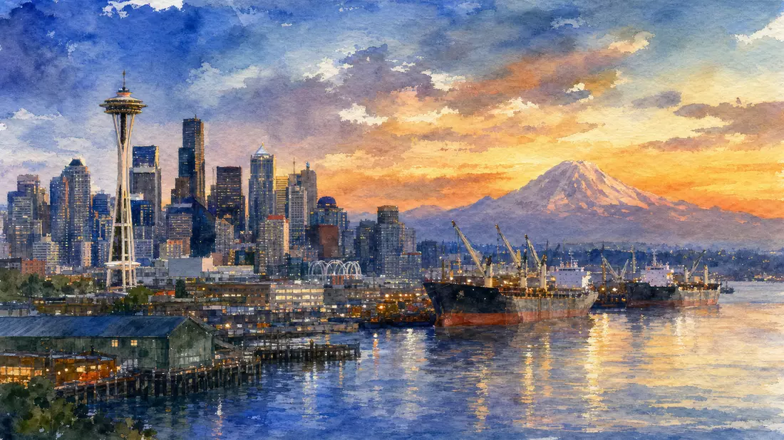 Aquarellbild der Seattle-Waterfront mit Frachtschiff, Mount Rainier und Abendhimmel