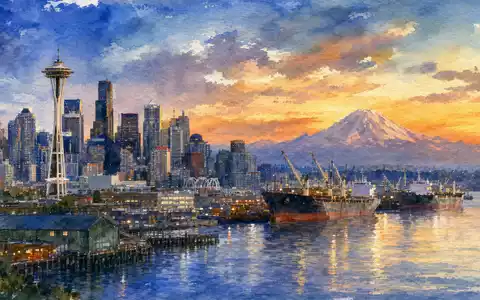 Expeditors International US3021301094 – Aquarellmalerei der Skyline Seattles mit Frachtschiffen im Hafen bei Abenddämmerung - Foto: THN
