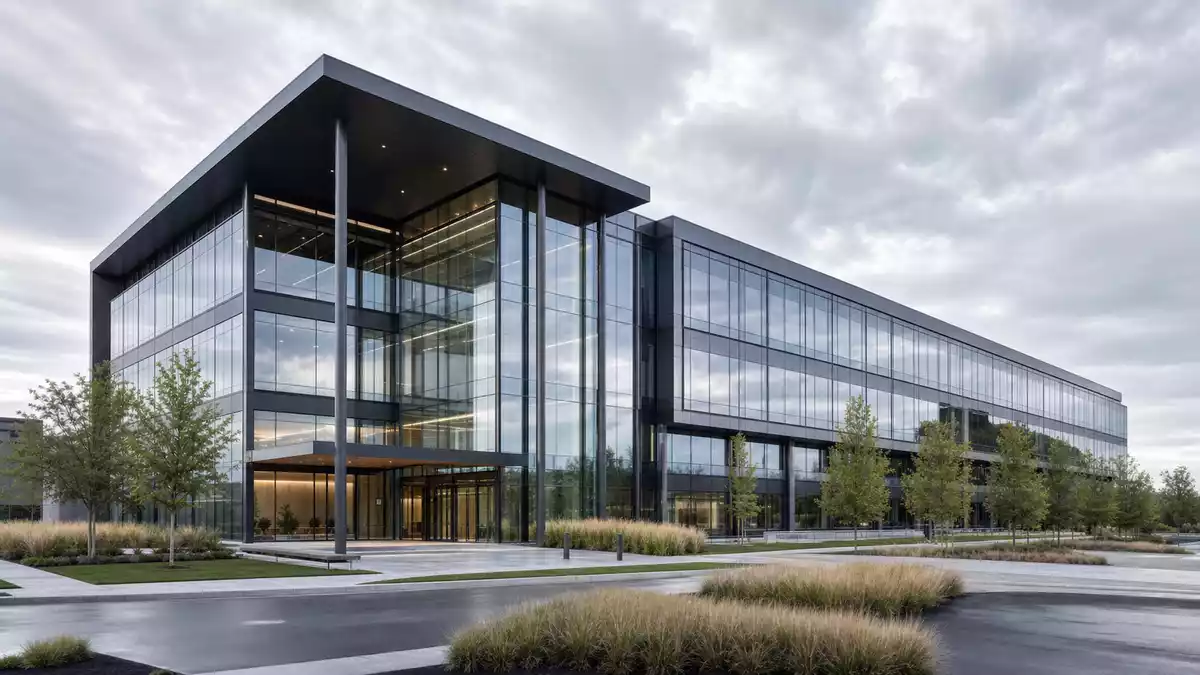3D-Render eines modernen Glas-Stahl-Firmencampus eines internationalen Logistikkonzerns