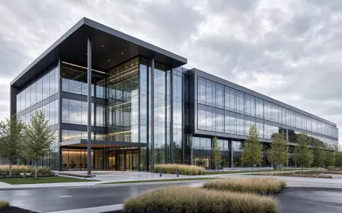 Expeditors International US3021301094 – Architekturrender eines modernen Glas-Stahl-Firmengebäudes für einen globalen Logistikkonzern - Foto: THN