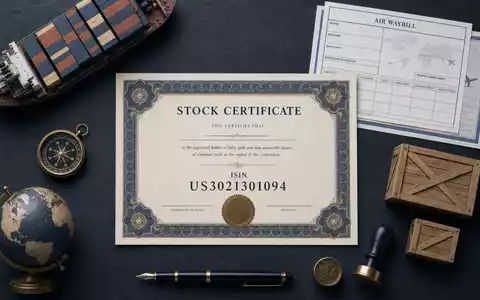 Expeditors International US3021301094 – Flatlay mit Aktienzertifikat, ISIN-Karte, Frachtschiffmodell und Logistik-Utensilien auf dunklem Untergrund - Foto: THN
