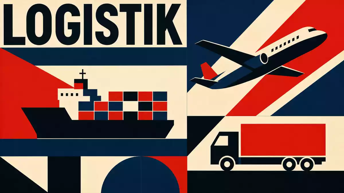Bauhaus-Konstruktivismus-Poster mit Frachtschiff, Flugzeug und LKW sowie dem Text LOGISTIK