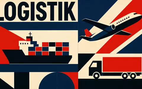 Expeditors International US3021301094 – Bauhaus-Poster im konstruktivistischen Stil mit geometrischen Frachtsymbolen und LOGISTIK-Schriftzug - Foto: THN