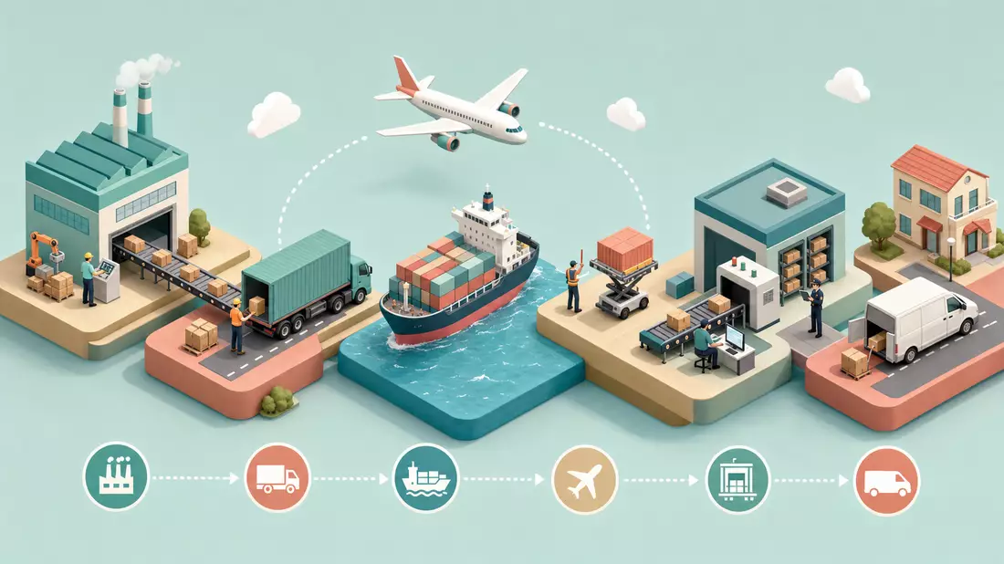 Isometrische 3D-Darstellung einer Lieferkette mit Fabrik, LKW, Containerschiff, Flugzeug und Lager