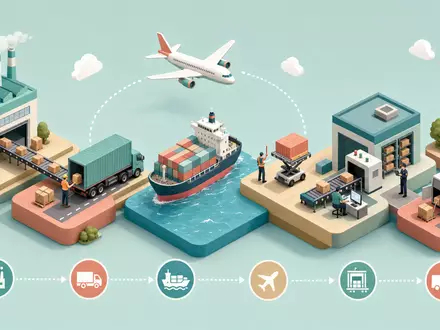 Expeditors International US3021301094 – Isometrische 3D-Illustration der globalen Lieferkette von der Fabrik bis zur Haustür - Foto: THN