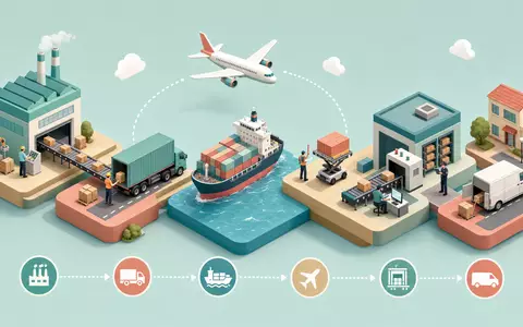 Expeditors International US3021301094 – Isometrische 3D-Illustration der globalen Lieferkette von der Fabrik bis zur Haustür - Foto: THN