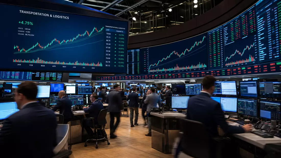 NASDAQ-Handelssaal mit Händlern und LED-Screens mit Kurscharts für Transportation and Logistics