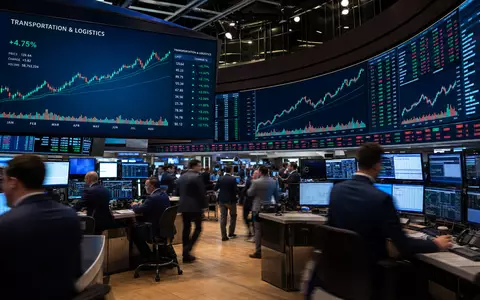Expeditors International US3021301094 – Börsen-Editorial vom NASDAQ-Handelsparkett mit steigenden Kursdiagrammen des Logistik-Transportsektors - Foto: THN