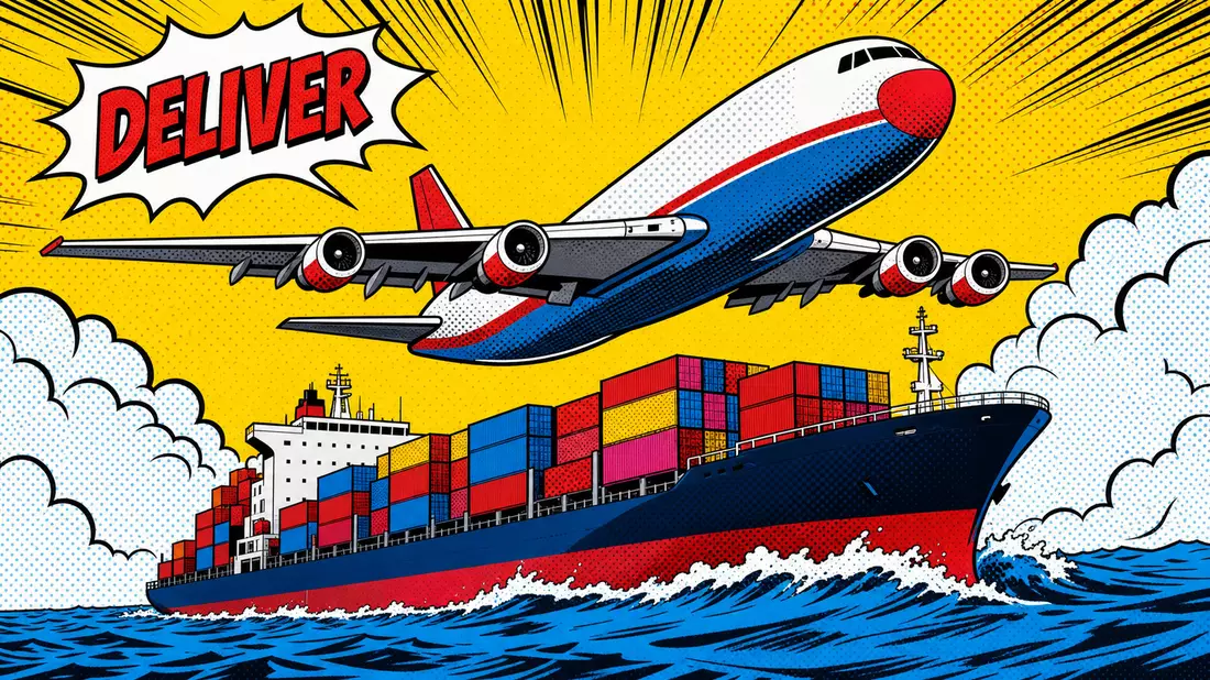 Pop-Art-Comic im Lichtenstein-Stil mit Frachtflugzeug über Containerschiff und DELIVER-Sprechblase