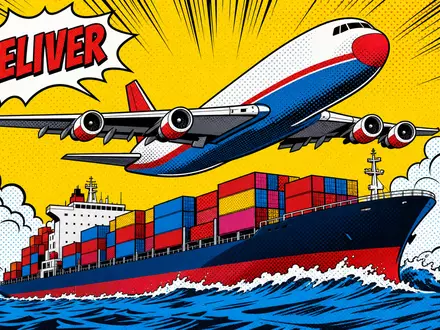 Expeditors International US3021301094 – Pop-Art-Comic mit Frachtflugzeug und Containerschiff in kräftigen Primärfarben und Halbtonraster - Foto: THN